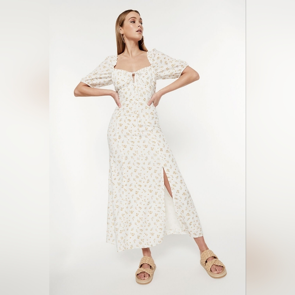 Bardot Floral Cream & Orange Midi Side  Slip Us 4